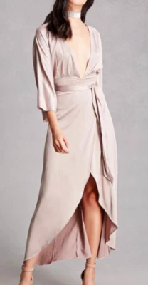 FOREVER 21 Pale pink SATIN Plunge V neck Belted Waist High-Low Dress *SMALL* - Image 1 of 4