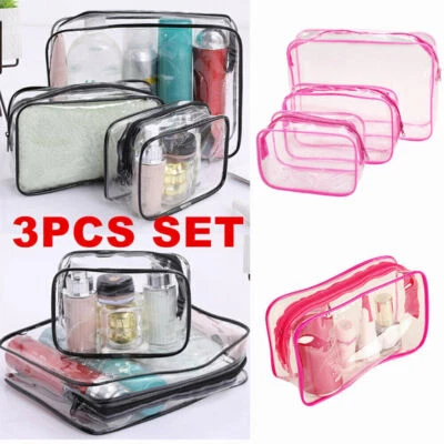 FINE-TOPGOODS 3pc Transparent Travel Bag Set Airport Cosmetic Makeup Toiletry Clear Wash Pouch