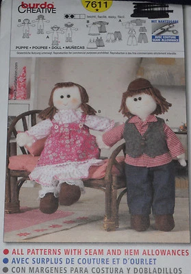 Cloth Girl Boy Dolls Clothes 16" Tall Burda 7611 Sewing Pattern - Image 1 of 2