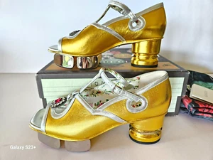 NEW Auth Gucci Open Toe Platform Pump Jewel Medallion Gold 37.5/ US 7.5 - Picture 1 of 16