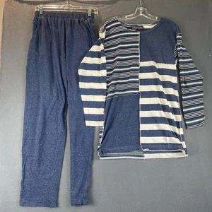 VTG Karen Kane 2PC Shirt Pants Outfit Sz S/M Blue Patchwork Elastic Waist Comfy - Picture 1 of 22