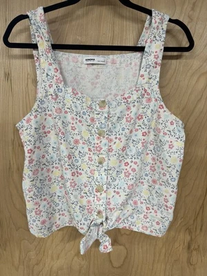 Camiseta sin mangas Sonoma grande de lino/rayón cuello cuadrado lazo dobladillo botones estampado floral enredadera Foto 1 de 4