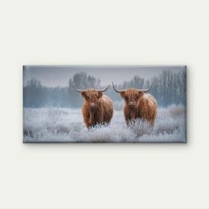 Highland Cattle in Frosty Field Unframed Canvas Painting for Living - Picture 1 of 8