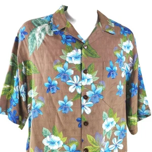Hilo Hattie Hawaiihemd Aloha XL braun grün blau Plumeria Blumen Viskose - Bild 1 von 6