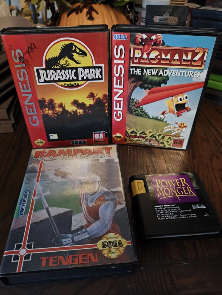 Лот из 4 винтажных Sega Genesis - Rampart, Jerassic Park, Pacman 2, Power Monger - Изображение 1 из 4
