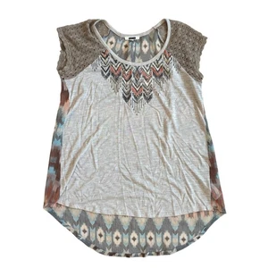 Miss Me Gray Top Lace Crochet Trim Bohemian Blouse Cowgirl Chic L Rustic - Picture 1 of 9