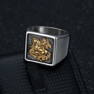 St Georg und Drache Ring Gold Silber Mittelalter Ritter Siegelring Edelstahl - Bild 1 von 5