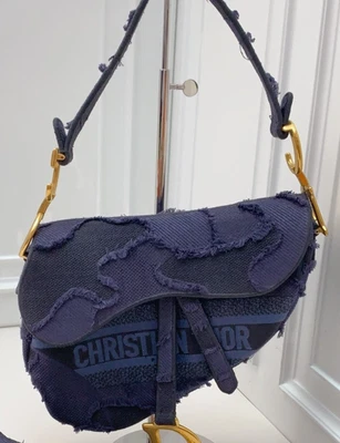 Christian Dior Embroidered Canvas Camouflage Saddle Shoulder Bag Blue Gold Women - Image 1 of 4