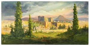 Vintage Signed Landscape Painting of Greek Ruins, 'Helenic Sunset' M Pappas - Picture 1 of 12