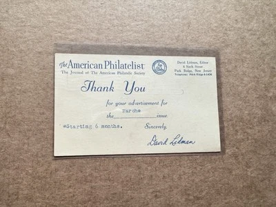 US 1957 Postal Card #UX38 +American Philatelist +Editor-In-Chief Thank U Card - Image 1 of 2