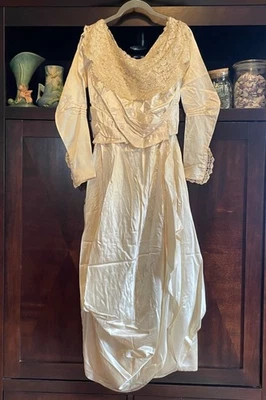 Antique Victorian Edwardian c 1900 Ivory Satin Handmade Wedding Dress w/ Lace - Image 1 of 4