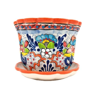 Maceta de cerámica Talavera maceta de cerámica mexicana Puebla azul naranja con bandeja Foto 1 de 4