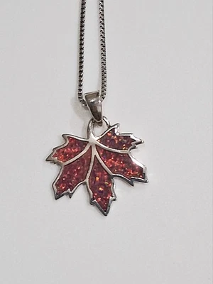RED OPAL Specked MAPLE LEAF-marked 925-Box chain NECKLACE 17" with 2" ext. - Image 1 of 4