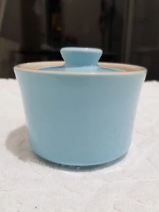 VINTAGE LANGLEY ENGLAND WINDMILL LOGO SKY BLUE CERAMIC SUGAR/JAM BOWL WITH LID - Picture 1 of 7