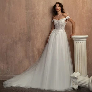 Elegant A-Line Wedding Dress Off Shoulder Cap Sleeves Lace Applique Bridal Gowns - Picture 1 of 8