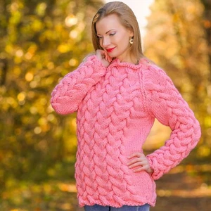 Pink wool sweater cable pullover designer hand knit jumper SUPERTANYA - Picture 1 of 7
