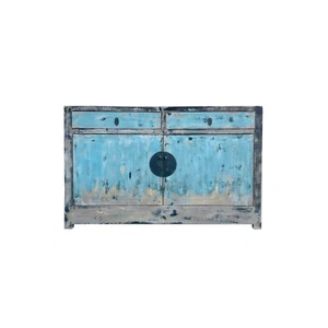 Distressed Black Rim Light Blue Doors Credenza Sideboard Console Table ws4358 - Picture 1 of 5