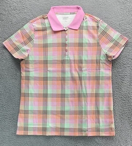 New Lands' End Women's SS Collared Supima Wild Blossom Check Polo Shirt Pink L - Picture 1 of 14