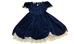 Vintage Mädchen blau Samt Spitze viktorianisch Vollkreis Kleid Dress Größe 12 USA - Bild 1 von 10