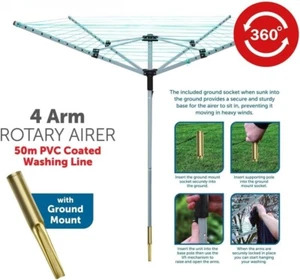 Rotary Airer Washing Line 4 Arm Outdoor Folding Rotating Heavy Duty 50m/60m - Picture 1 of 5