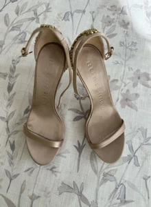 BURBERRY tan satin ankle strap gold studded embellished metallic stiletto shoes - Picture 1 of 5