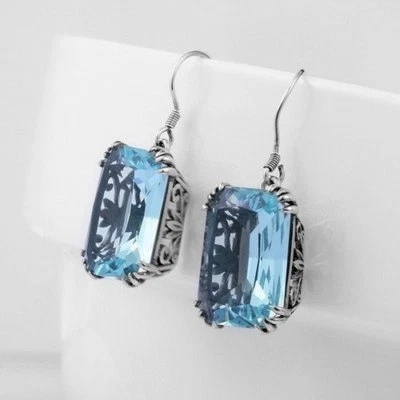 NEW 8 Carat Emerald-Cut Aquamarine Earrings~925 Silver~Gift Bag & Free Gift Inc - Image 1 of 4