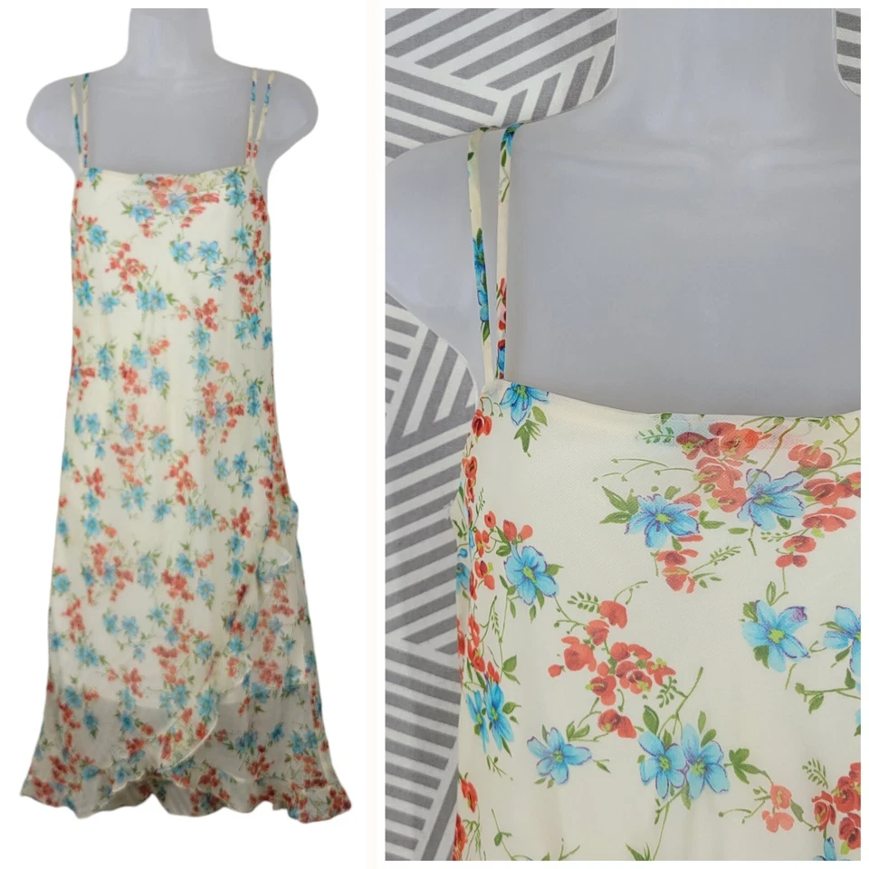 Vintage Slip Dress size 6/8 Floral Cottagecore alt Midi Ruffle Event Yellow - Image 1 of 4