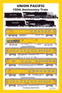 Union Pacific 150th Anniversary Train 12""x18"" póster enmarañado firmado por Andy Fletcher - Imagen 1 de 1