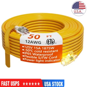 12/3 Gauge Heavy Duty Outdoor Extension Cord 50 ft Waterproof with Lighted end - Picture 1 of 7