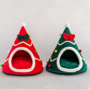 Cat Pet Dog Cave Beds Cats Cozy House Warm Nest Kennel Xmas Tree Shaped Tent - Picture 1 of 11