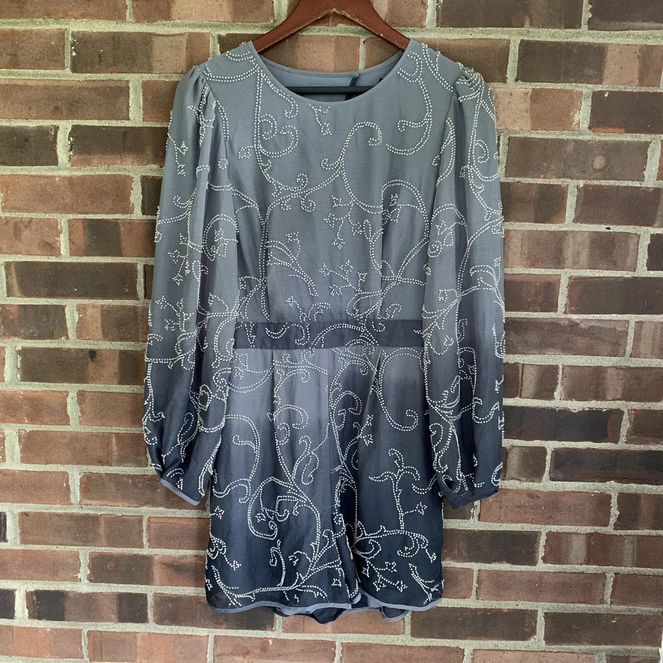 BCBGMAXAZRIA Womens Blue Georgette Embellished Evening Romper S 2924