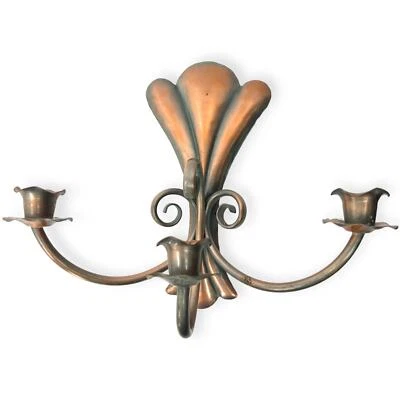 Vintage Signed Georgian Copper Wall Sconce Triple Candle Holder Pilar Hanging  - Image 1 of 4