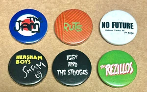 Juego de 6 insignias de pin retro de calidad PUNK/NEW WAVE - JAM, RUTS, SHAM 69, IGGY POP... - Imagen 1 de 2
