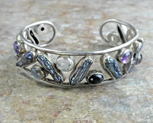 Sterling Amethyst Garnet Labradorite Shell Iridescent Cuff Bracelet Blues Purple - Picture 1 of 8