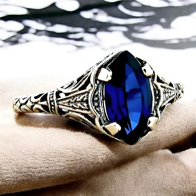 925 STERLING SILVER DECO ANTIQUE STYLE LAB-CREATED SAPPHIRE FILIGREE RING   #797 - Image 1 of 4