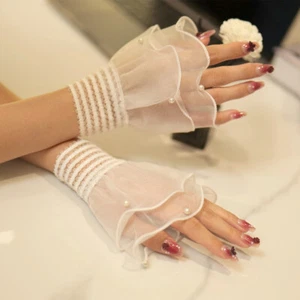 1Pair Pearl Lace Sleeves High Quality Fluffy Lolita Wrist Cuffs Nail Art - Picture 1 of 6