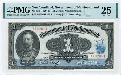 1920 $1 Government of Newfoundland - Very Fine, PMG VF25 - Image 1 of 2
