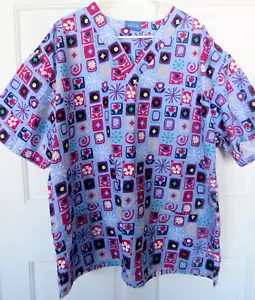 Scrub Medical Top Womens Size 3X Carol's Scrubs S/S Workwear Blue Flowers Pocket - Picture 1 of 8