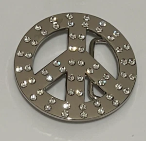 Rhinestone Peace Sign Belt Buckle Silver Tone 3" Diameter - Picture 1 of 3