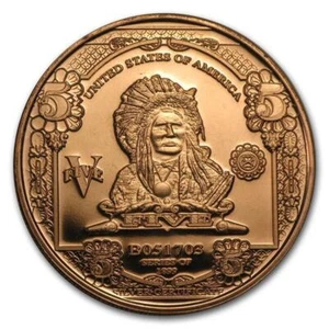 1 Unze Copper Round $5.00 Indian Chief Silver Certificate 999,99 - Bild 1 von 2
