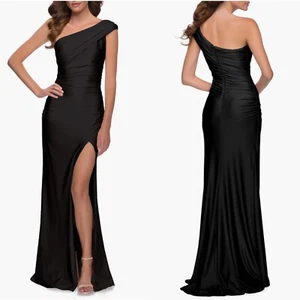 NWT LA FEMME Black ONE SHOULDER Shiny JERSEY Ruched HIGH SLIT Evening GOWN 2 - Picture 1 of 11