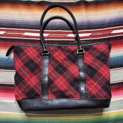 Vintage LL Bean 100% Wool Leather Large Tote Handbag Purse Red Black Plaid - Image 1 of 4