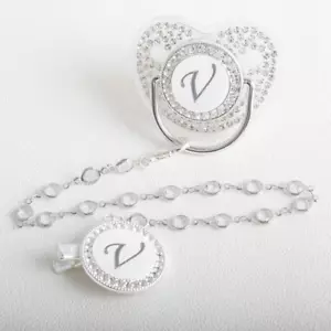 26 Initial Letter Transparent Baby Pacifier with Chain BPA Free Luxury Silver Du - Picture 1 of 13