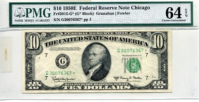 1950E $10 Federal Reserve Star Note Chicago FR #2015-G* - MS-64 PMG Certified - Image 1 of 2
