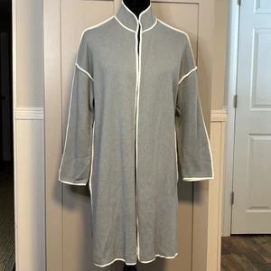 Marla Wynne Green Long Open Front Duster Cardigan Size Medium White Piping EUC - Picture 1 of 11