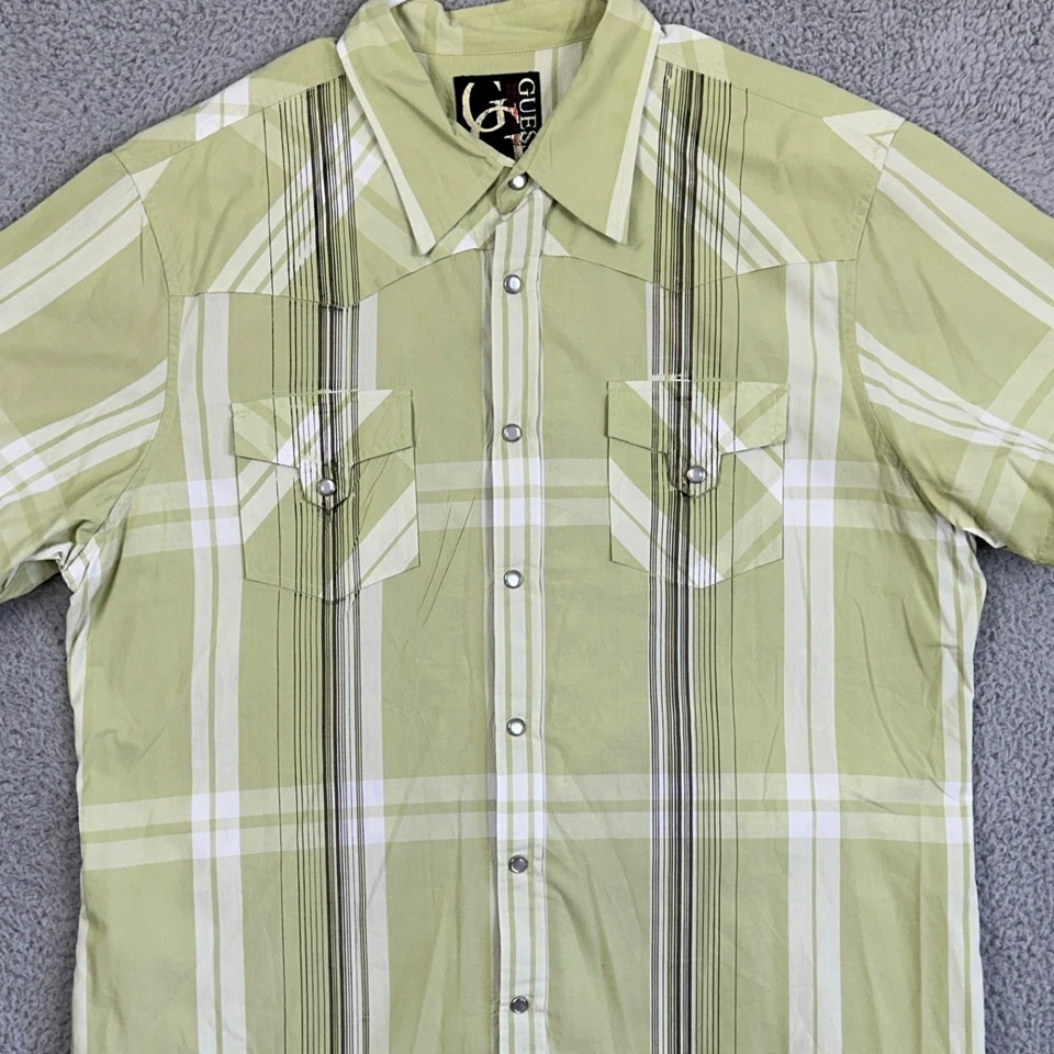Guess Shirt Button Up Mens 2XL Green White Plaid Pearl Snap Flap Pockets Casual - Image 1 of 4