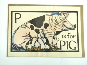 Mary Azarian P ist für Schwein Alphabet Holzschnitt handkolorierter Druck Vintage 12,5" x 18" - Bild 1 von 4