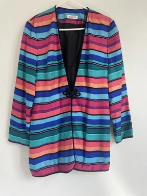 Vintage Talbots Striped Silk Blazer Duster Cardigan Knot Close Size 8 Colorful - Image 1 of 4