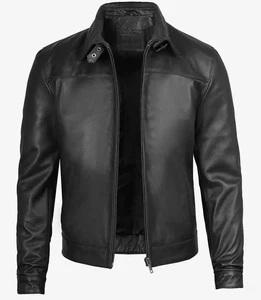 Men' Genuine Calf Leather Shirt Collar Black Jacket - Picture 1 of 7