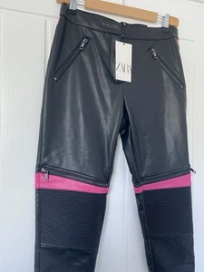 New Zara Faux Leather Black Pink Moto Leggings Trousers Skinny Rock L Sexy - Picture 1 of 12